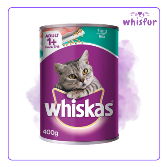 An Image of Whiskas Wet Food for Cats (can)400g tuna with the logo of Whisfur Pet Supplies at the upper right corner.