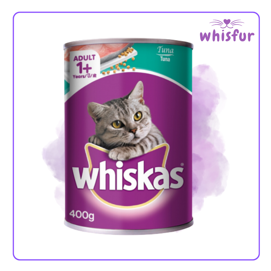 An Image of Whiskas Wet Food for Cats (can)400g tuna with the logo of Whisfur Pet Supplies at the upper right corner.