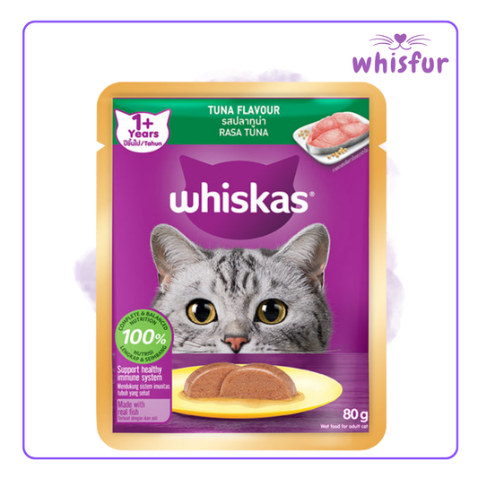 An Image of Whiskas Wet Food for Cats in pouch (pouch)80g tuna with the logo of Whisfur Pet Supplies at the upper right corner.