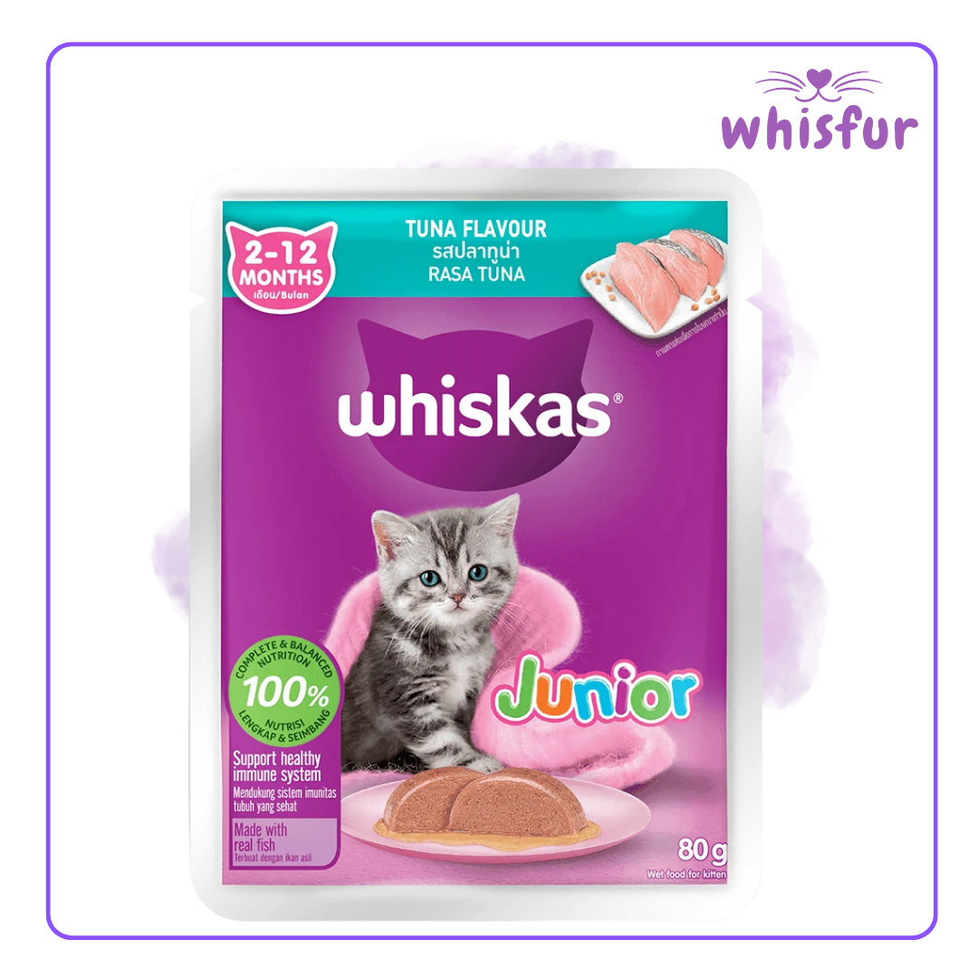 An Image of Whiskas Wet Food for Cats in pouch (pouch)80g tuna junior with the logo of Whisfur Pet Supplies at the upper right corner.