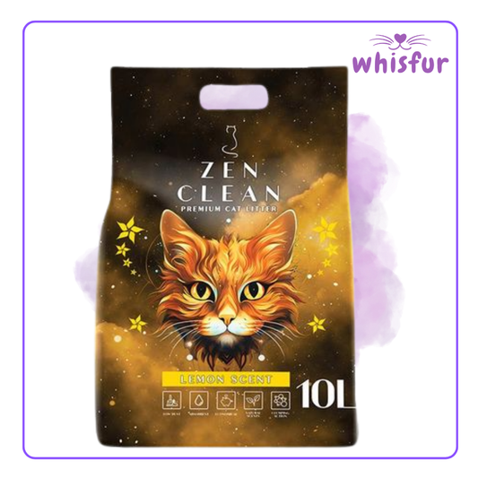Package of Zen Clean cat litter with a cat illustration on a dark background, branded 'whisfur'.