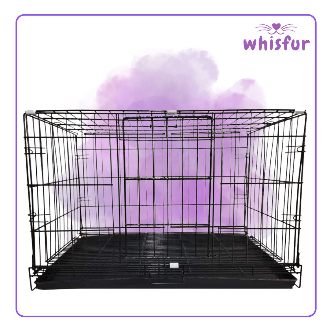 An Image of Collapsible Cage for Cats and Dogs with the logo of Whisfur Pet Supplies at the upper right corner.