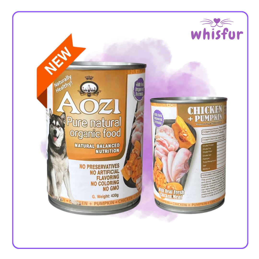 An Image of Aozi Wet food for Dogs (can)430g chicken and pumpkin with the logo of Whisfur Pet Supplies at the upper right corner.