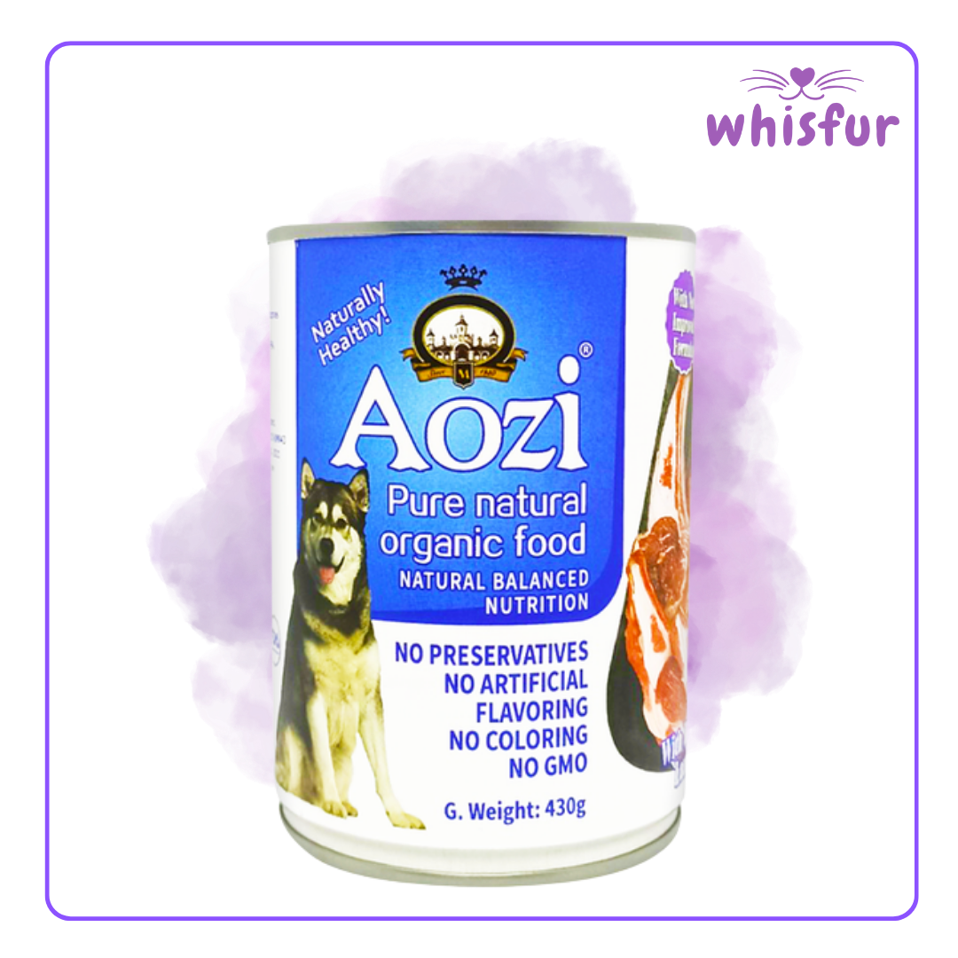 An Image of Aozi Wet food for Dogs (can)430g lamb with the logo of Whisfur Pet Supplies at the upper right corner.