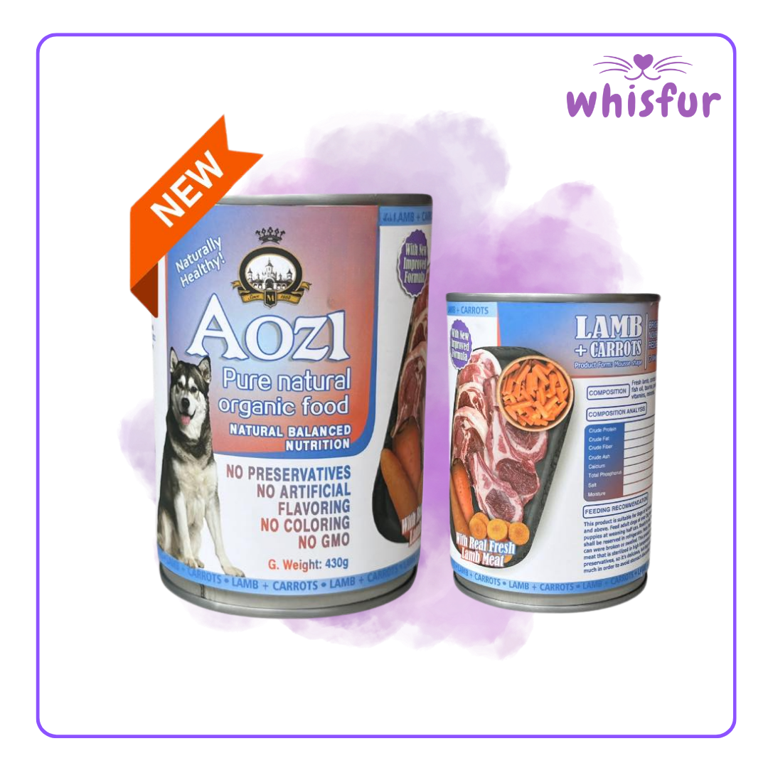 An Image of Aozi Wet food for Dogs (can)430g lamb and pumpkin with the logo of Whisfur Pet Supplies at the upper right corner.
