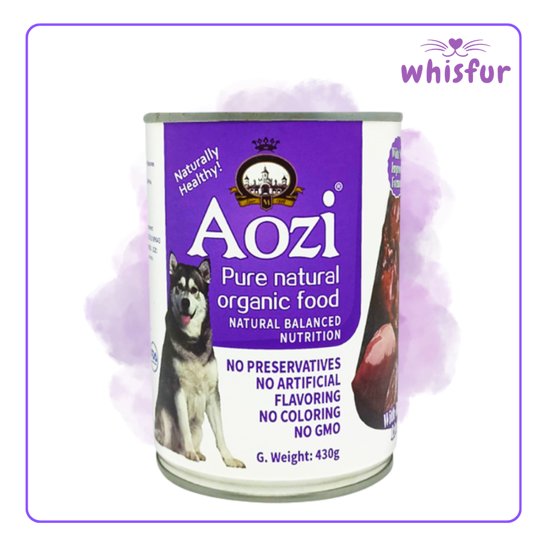 An Image of Aozi Wet food for Dogs (can)430g liver with the logo of Whisfur Pet Supplies at the upper right corner.