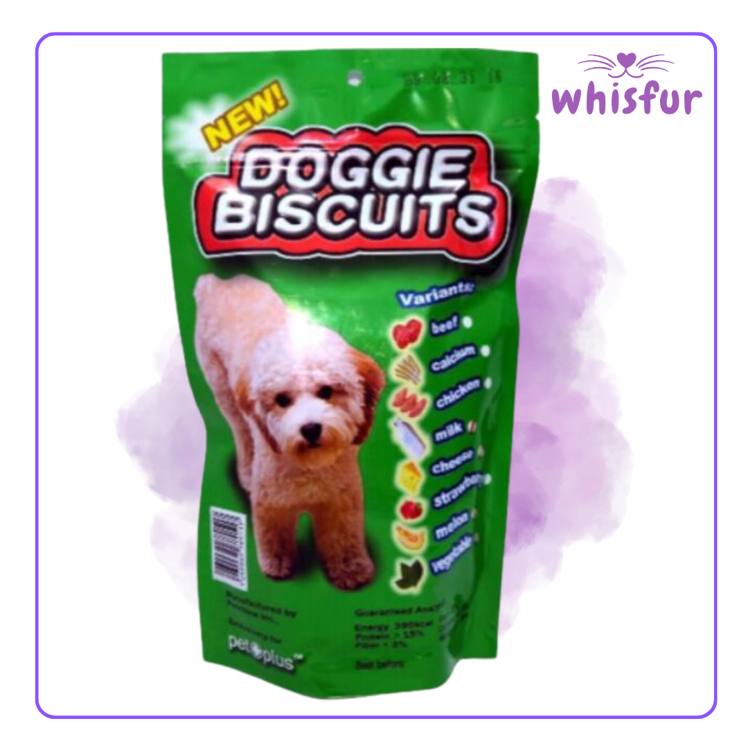 An Image of Doggie biscuits (pouch)200g big with the logo of Whisfur Pet Supplies at the upper right corner.