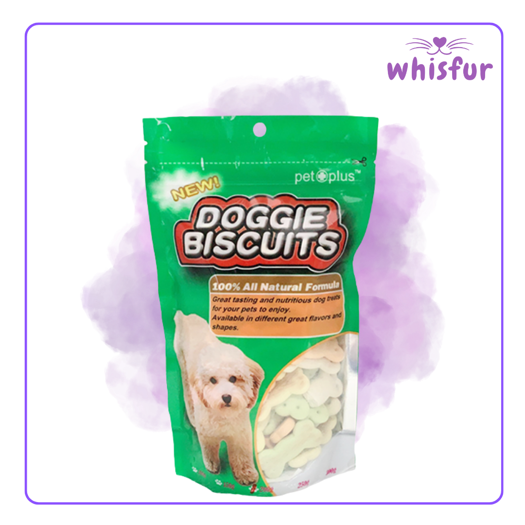 An Image of Doggie biscuits (pouch)80g small with the logo of Whisfur Pet Supplies at the upper right corner.