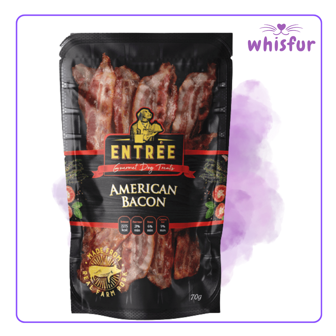 An Image of Entree Dog treats (pouch)70g american bacon with the logo of Whisfur Pet Supplies at the upper right corner.