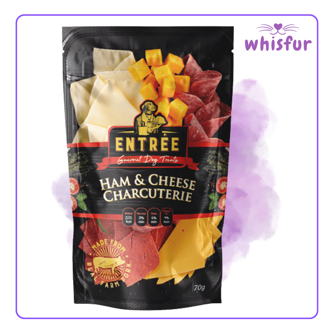 An Image of Entree Dog treats (pouch)70g ham and cheese charcuterie with the logo of Whisfur Pet Supplies at the upper right corner.