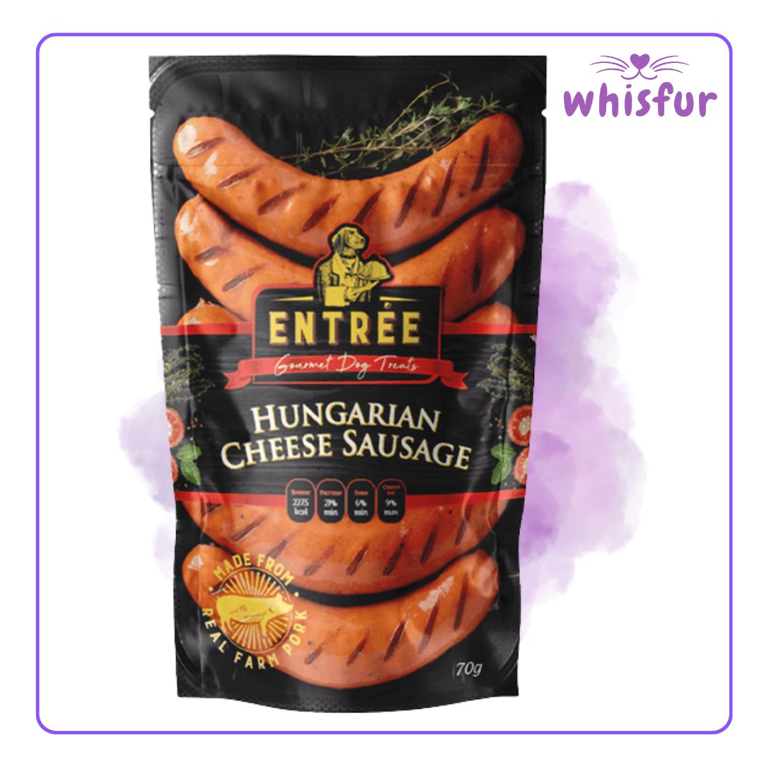 An Image of Entree Dog treats (pouch)70g hungarian cheese sausage with the logo of Whisfur Pet Supplies at the upper right corner.
