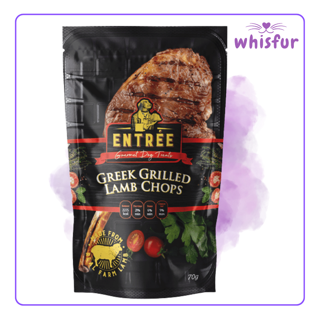 An Image of Entree Dog treats (pouch)70g lamb chops with the logo of Whisfur Pet Supplies at the upper right corner.