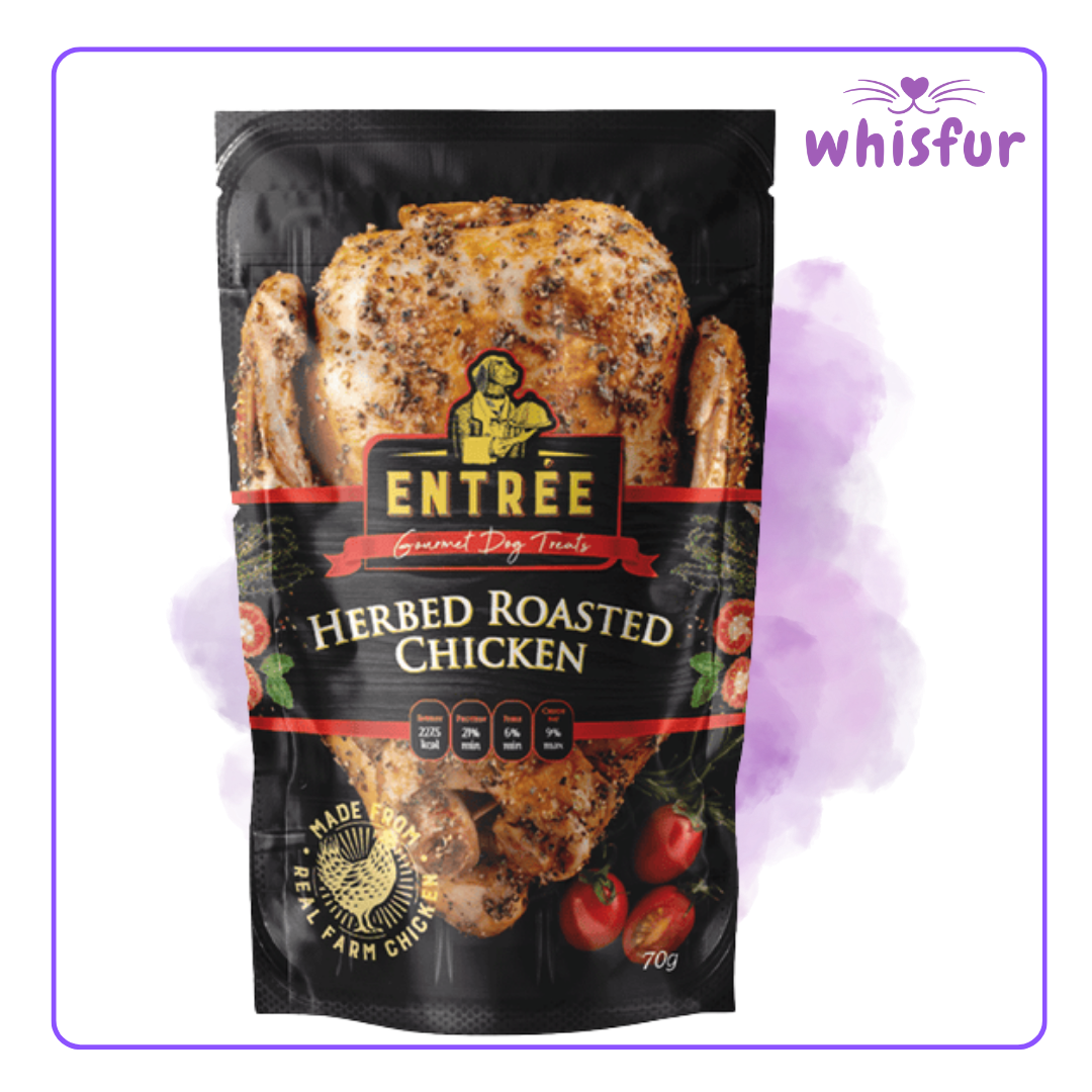 An Image of Entree Dog treats (pouch)70g roasted chicken with the logo of Whisfur Pet Supplies at the upper right corner.