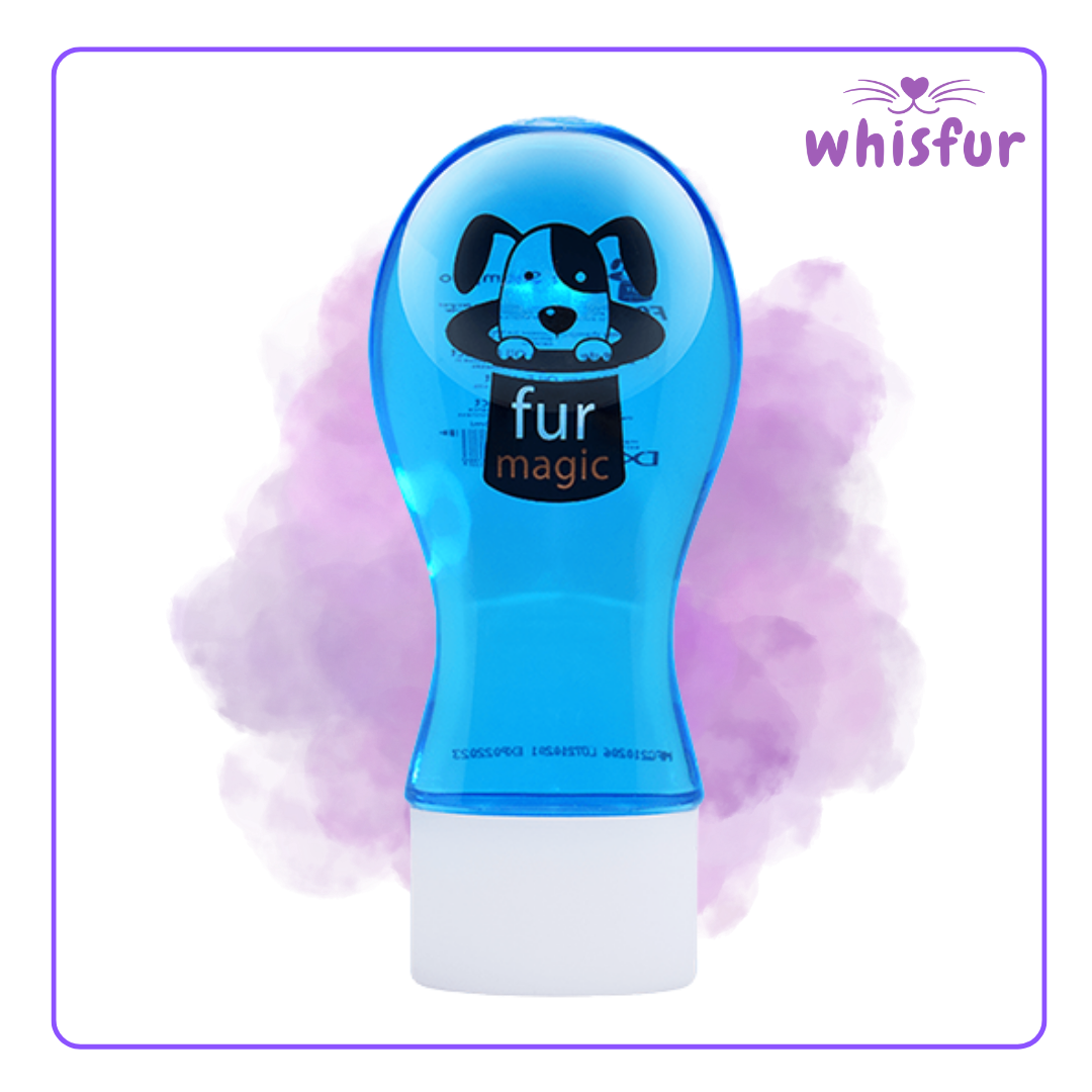 Blue bottle labeled 'fur magic' with a purple cloud-like background, featuring the brand 'Whisfur'.