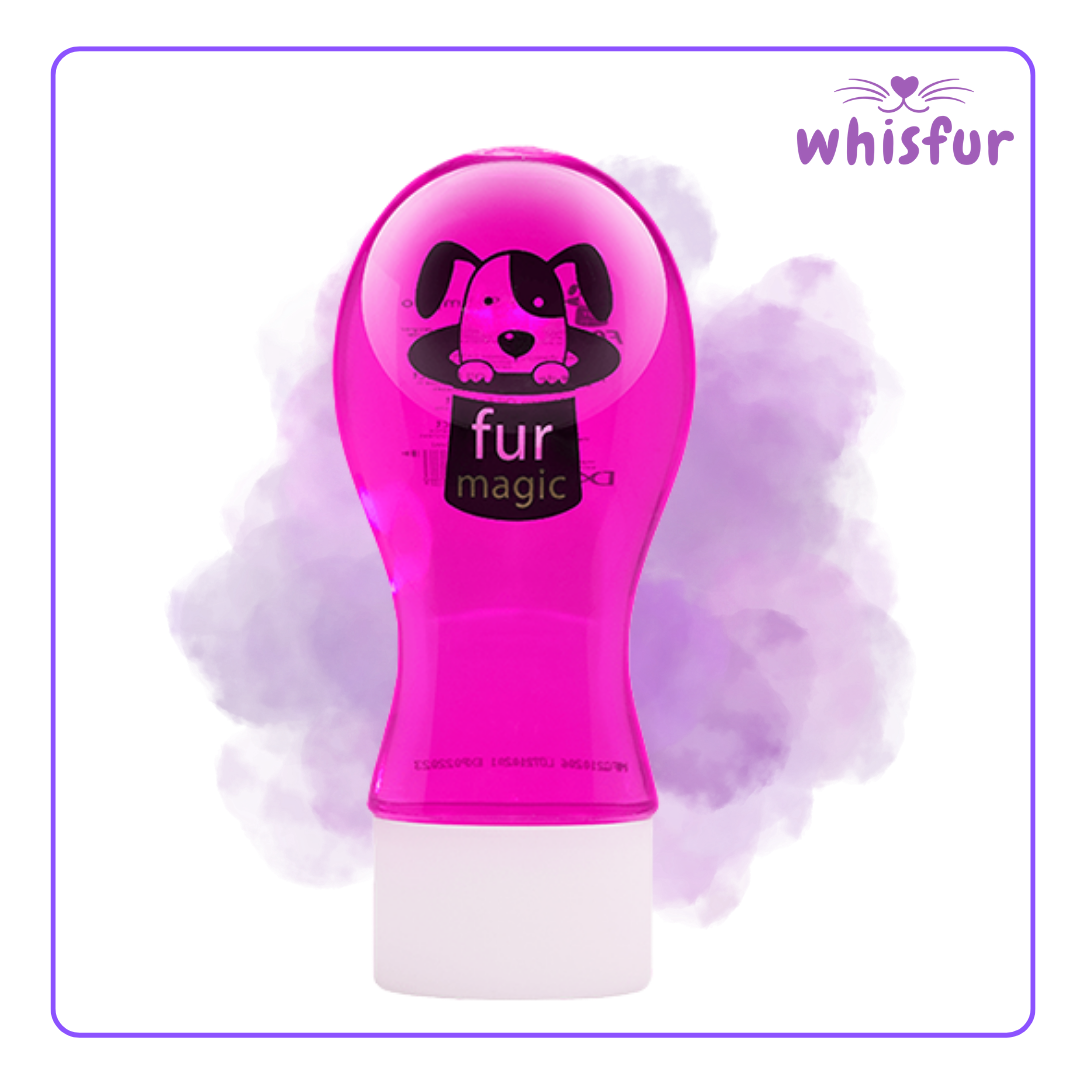 Pink bottle labeled 'fur magic' with a purple cloud effect on a white background, featuring the brand 'Whisfur'.