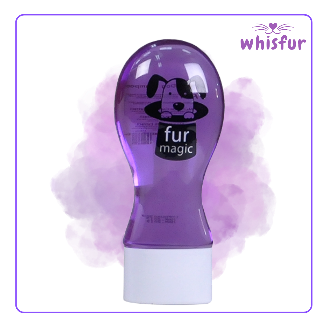 Purple bottle labeled 'fur magic' with a white base on a light purple background, featuring the brand 'Whisfur'.