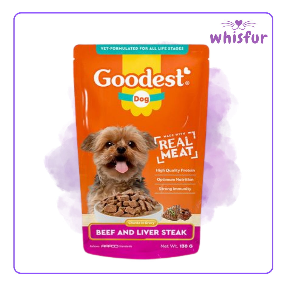An Image of Goodest Wet Food for Dogs (pouch)130g beef and liver steak with the logo of Whisfur Pet Supplies at the upper right corner.