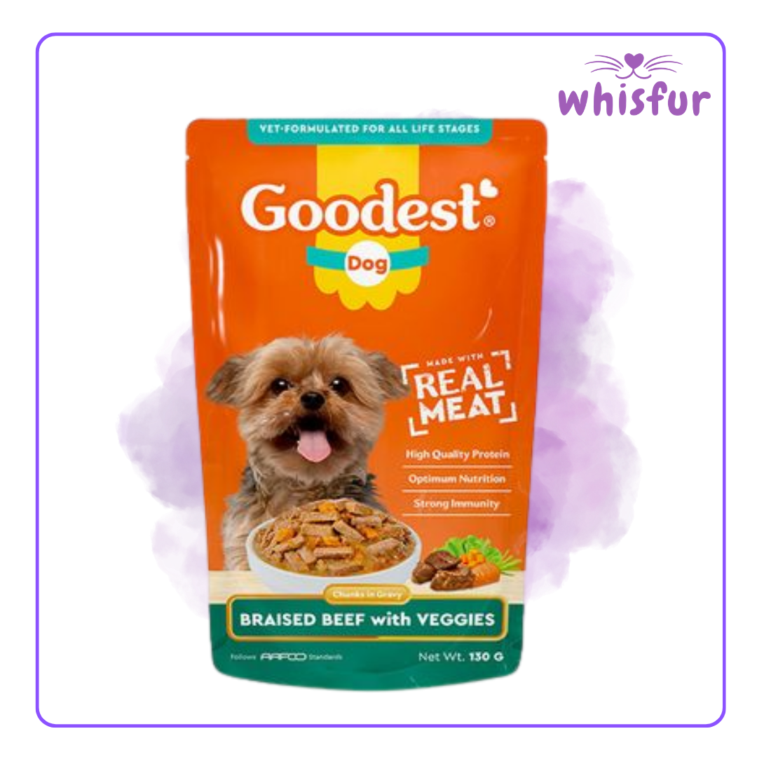 An Image of Goodest Wet Food for Dogs (pouch)130g braised beef and veggies with the logo of Whisfur Pet Supplies at the upper right corner.