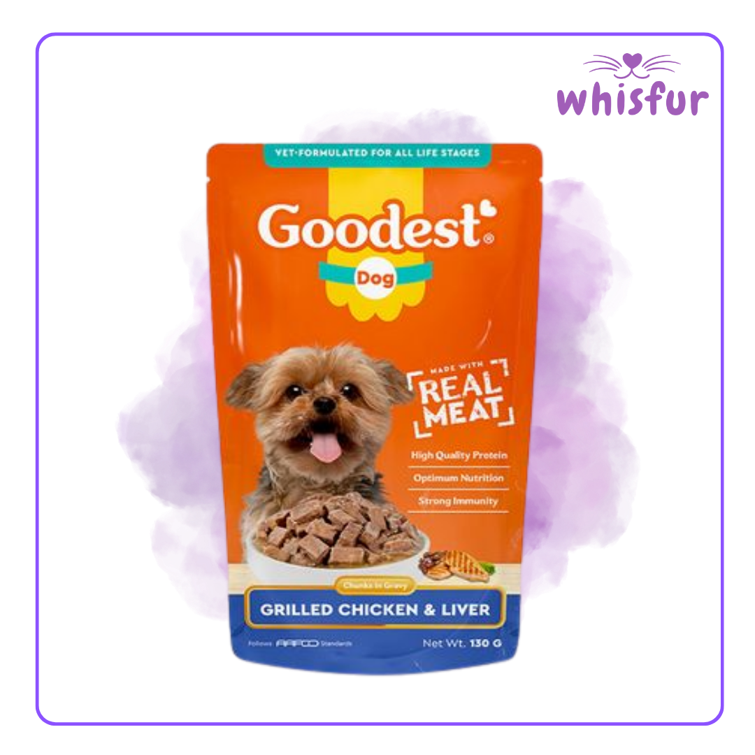 An Image of Goodest Wet Food for Dogs (pouch)130g grilled chicken liver with the logo of Whisfur Pet Supplies at the upper right corner.