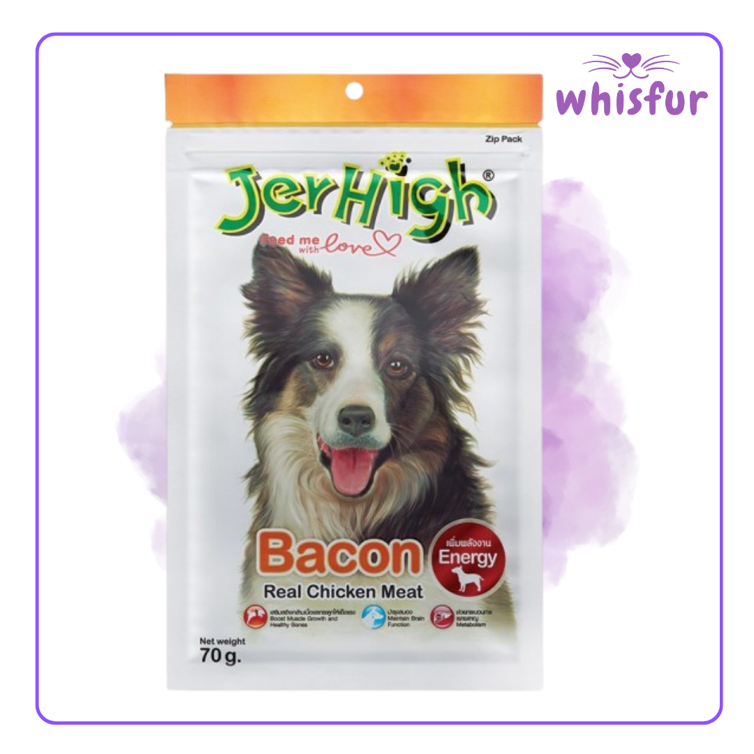 An Image of Jerhigh Dog treats (pouch)70g chicken and bacon with the logo of Whisfur Pet Supplies at the upper right corner.