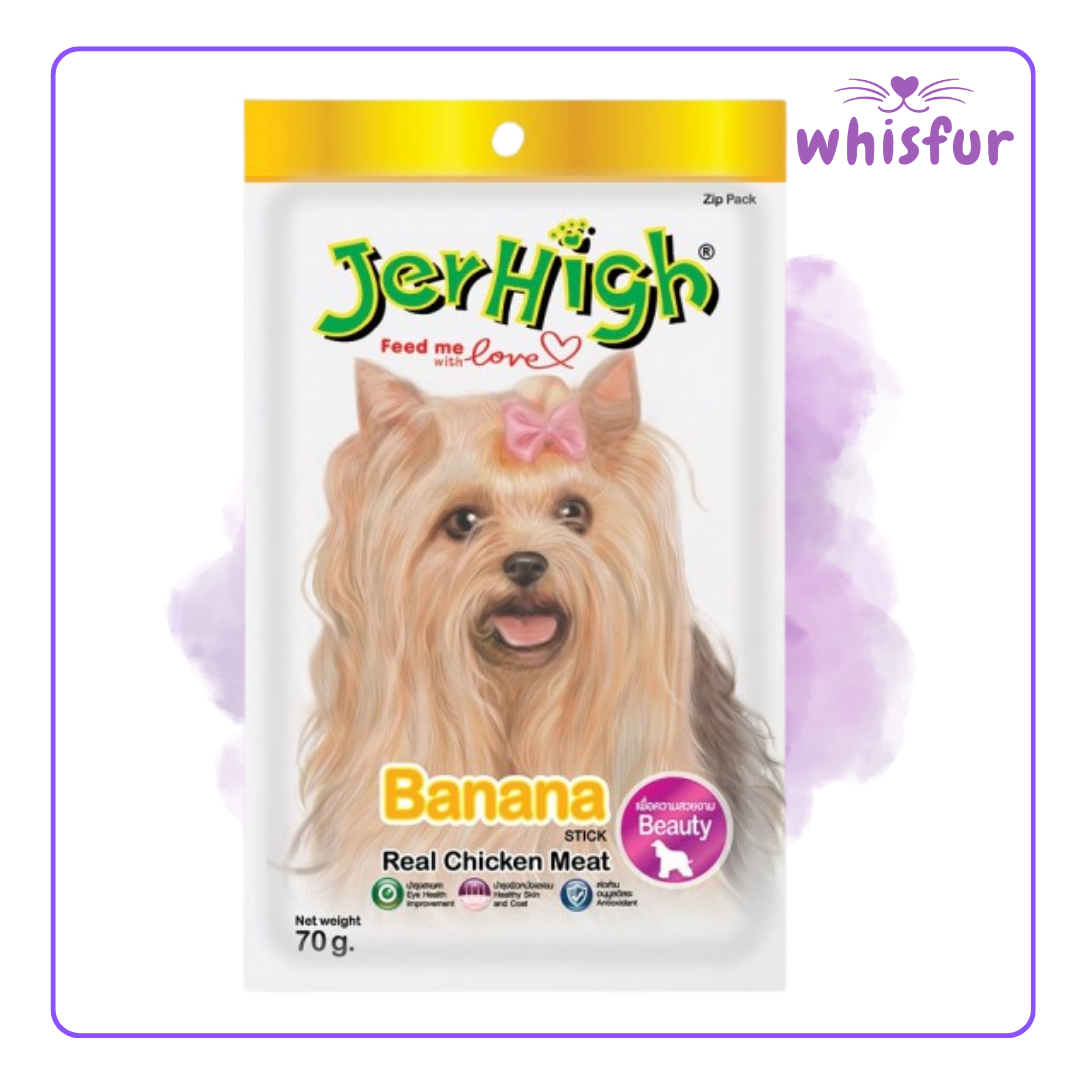 An Image of Jerhigh Dog treats (pouch)70g chicken and banana with the logo of Whisfur Pet Supplies at the upper right corner.