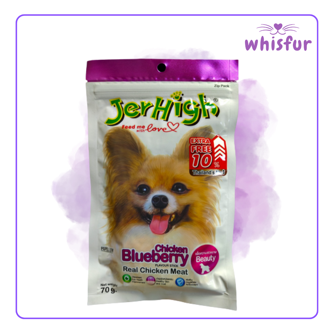 An Image of Jerhigh Dog treats (pouch)70g chicken and blueberry with the logo of Whisfur Pet Supplies at the upper right corner.