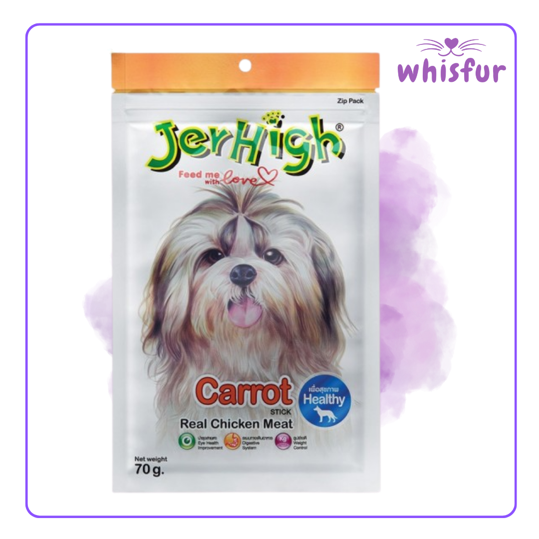 An Image of Jerhigh Dog treats (pouch)70g chicken and  carrot with the logo of Whisfur Pet Supplies at the upper right corner.