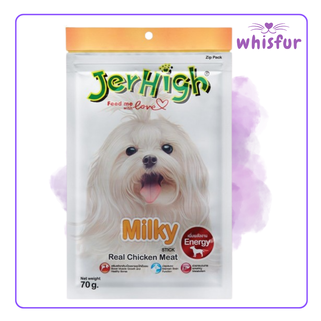 An Image of Jerhigh Dog treats (pouch)70g chicken milky with the logo of Whisfur Pet Supplies at the upper right corner.