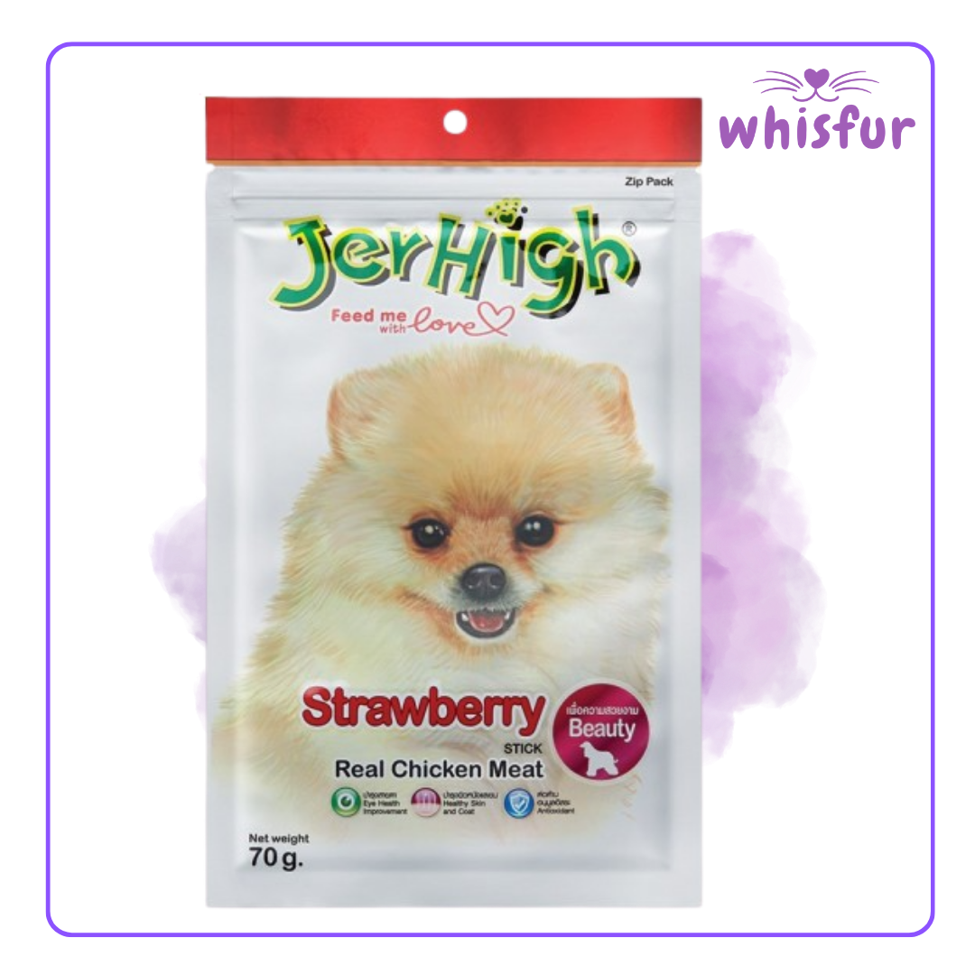 An Image of Jerhigh Dog treats (pouch)70g chicken and strawberry with the logo of Whisfur Pet Supplies at the upper right corner.