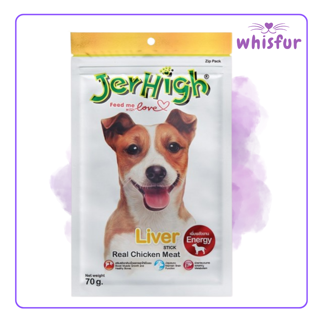 An Image of Jerhigh Dog treats (pouch)70g liver with the logo of Whisfur Pet Supplies at the upper right corner.