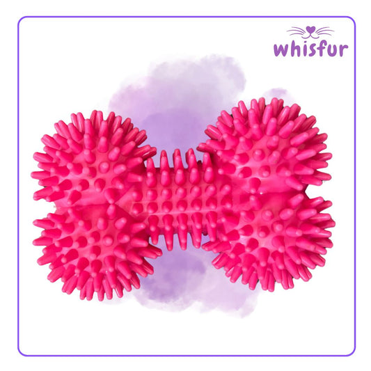 Pink textured dog toy with a purple background and 'Whisfur' branding.