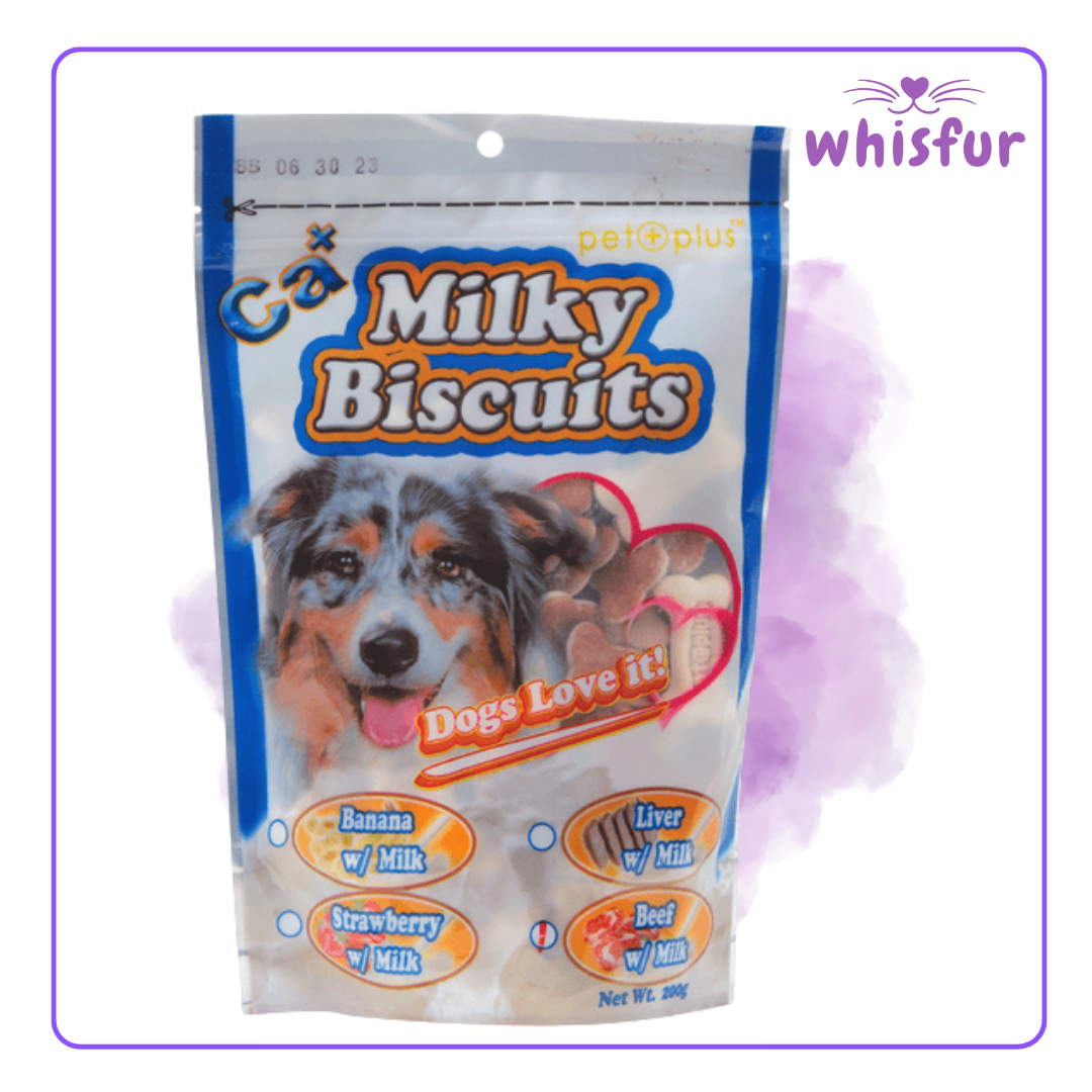Package of Milky Biscuits dog treats with a dog on the label, featuring the brand 'Whisfur'.