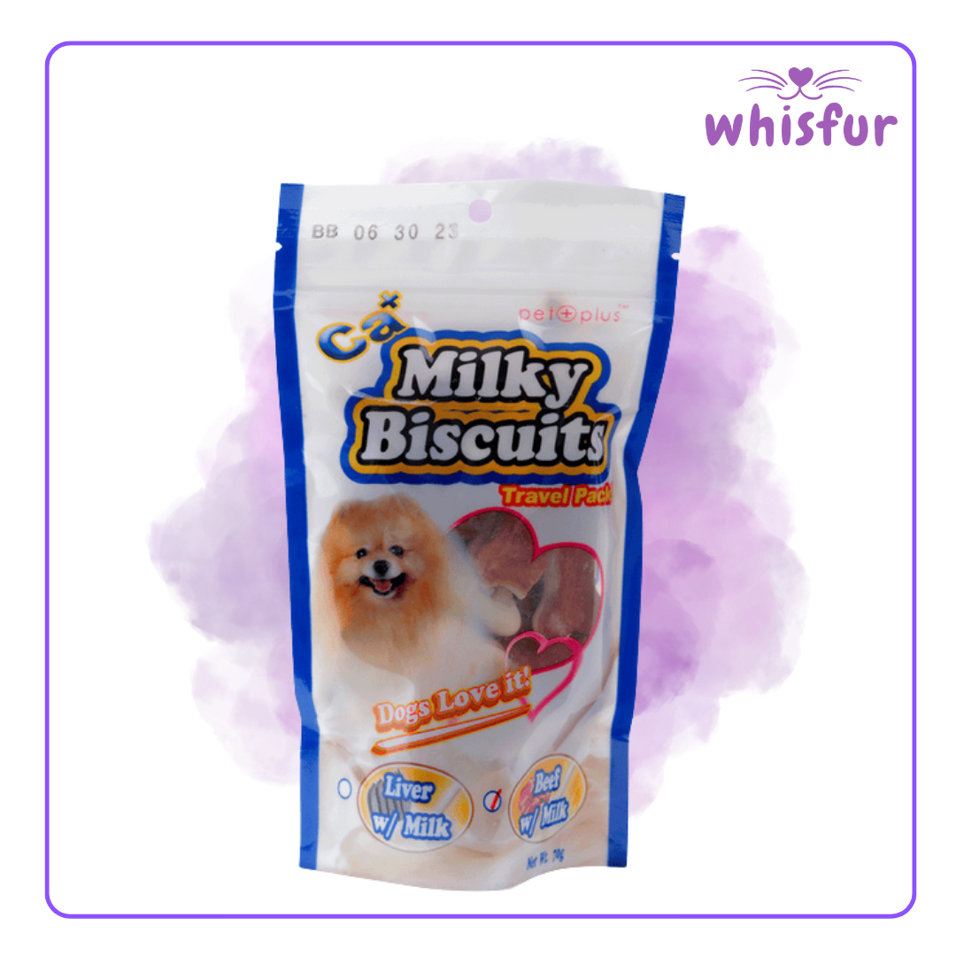 Milky Biscuits dog treat package with a purple watercolor background, branded 'whisfur'.