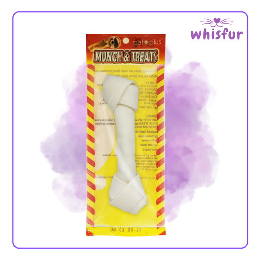 Packaged dog chew treat with 'Munch & Treats' branding on a purple watercolor background, branded 'whisfur'.