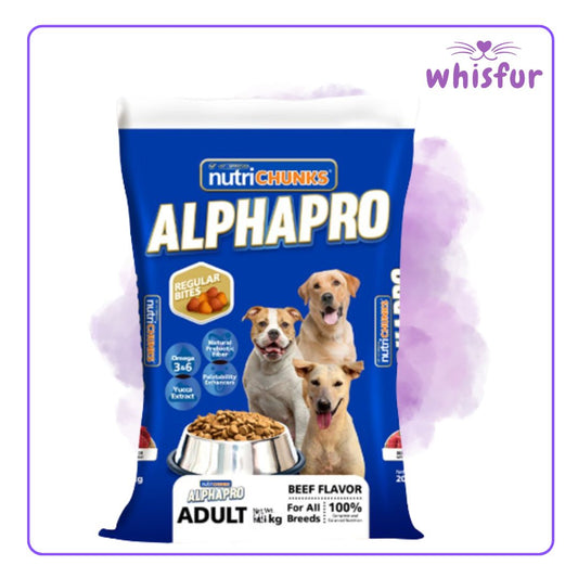 Package of NutriChunks Alphapro dog food with images of dogs and text on a white background with Whisfur branding.