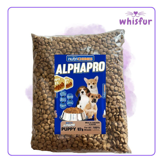 An Image of Nutrichunks Alpha Pro Dry Food For Dogs 1 Pack 1000G Puppy with the logo of Whisfur Pet Supplies at the upper right corner.