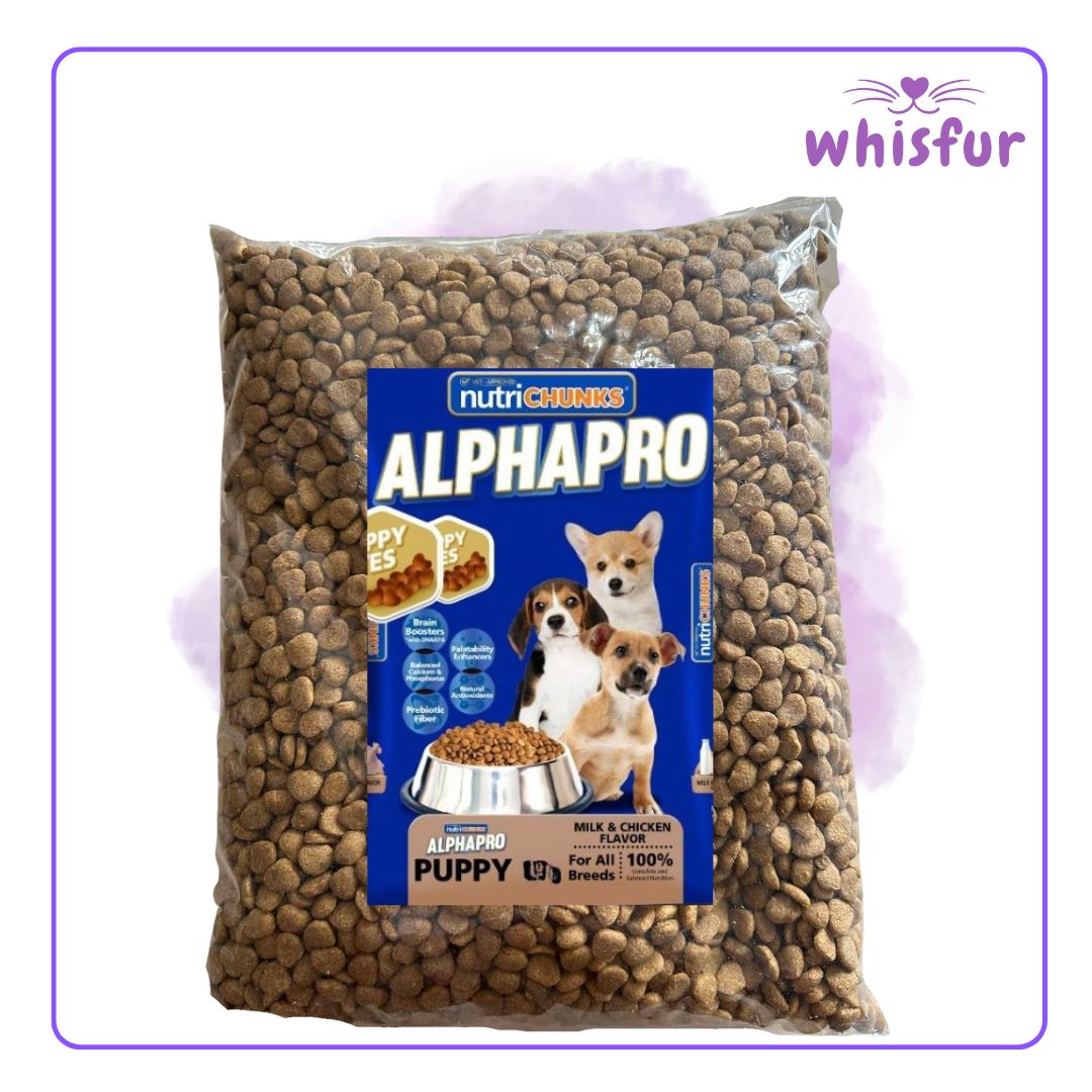 An Image of Nutrichunks Alpha Pro Dry Food For Dogs 1 Pack 1000G Puppy with the logo of Whisfur Pet Supplies at the upper right corner.