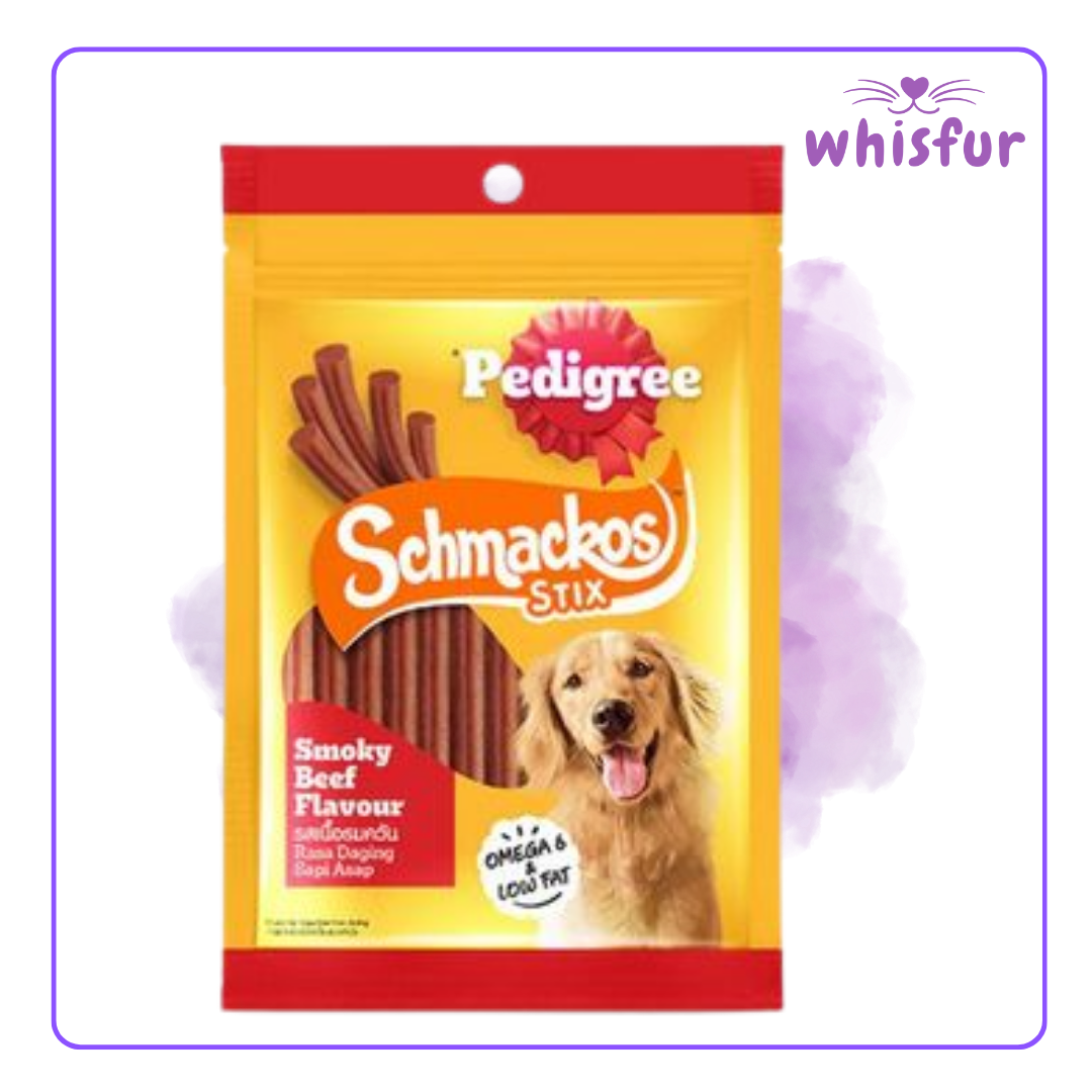 An Image of Pedigree Schmackos Dog treats (pouch)70g beef with the logo of Whisfur Pet Supplies at the upper right corner.
