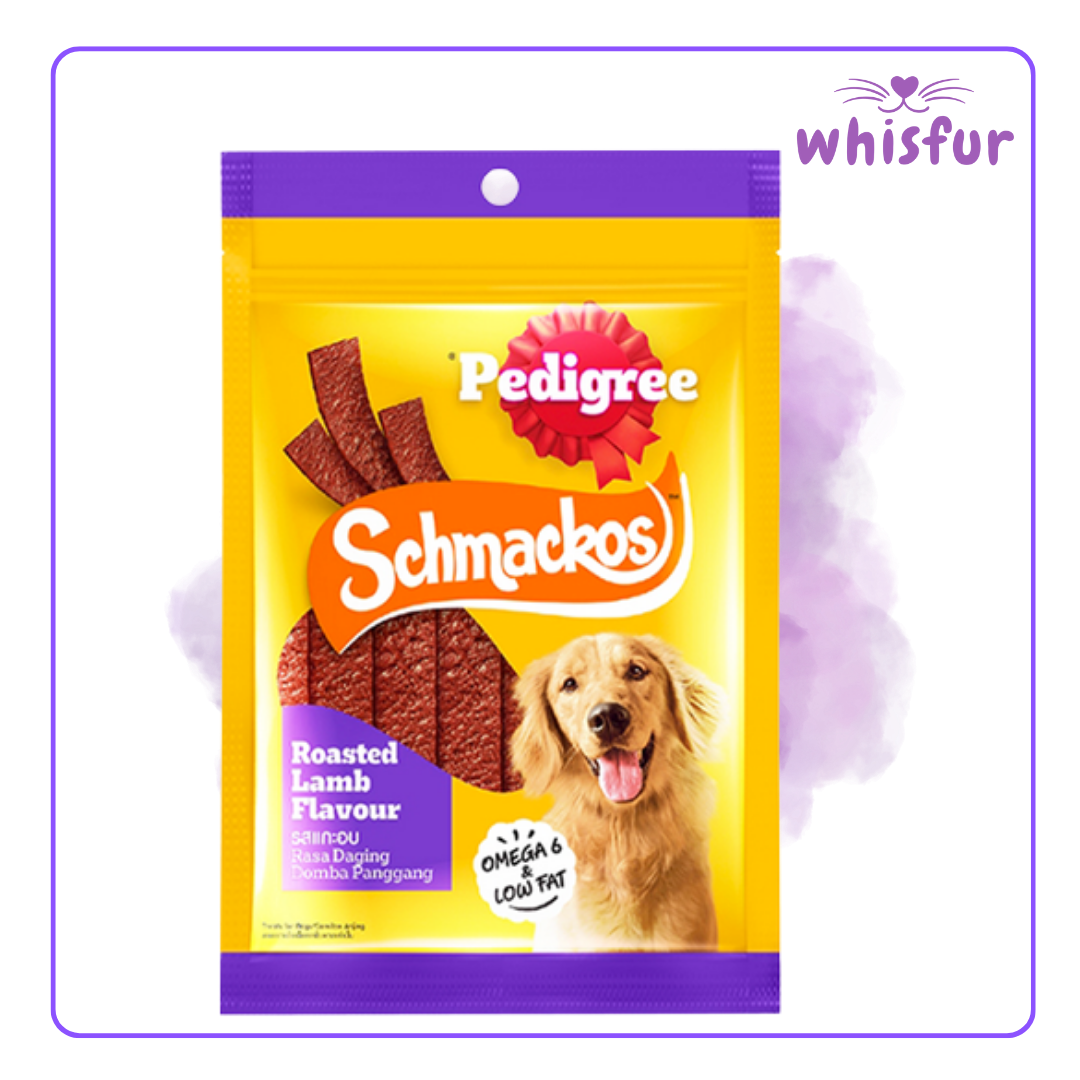 An Image of Pedigree Schmackos Dog treats (pouch)70g lamb with the logo of Whisfur Pet Supplies at the upper right corner.