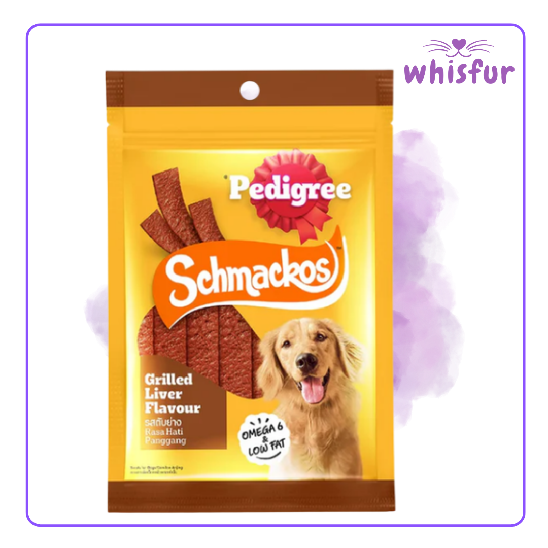 An Image of Pedigree Schmackos Dog treats (pouch)70g liver with the logo of Whisfur Pet Supplies at the upper right corner.