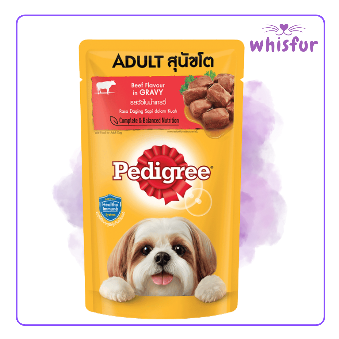 An Image of Pedigree Wet Food for Dogs in pouch (pouch)130g beef in gravy with the logo of Whisfur Pet Supplies at the upper right corner.
