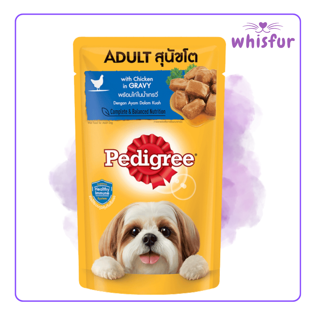An Image of Pedigree Wet Food for Dogs in pouch (pouch)130g chicken in gravy with the logo of Whisfur Pet Supplies at the upper right corner.