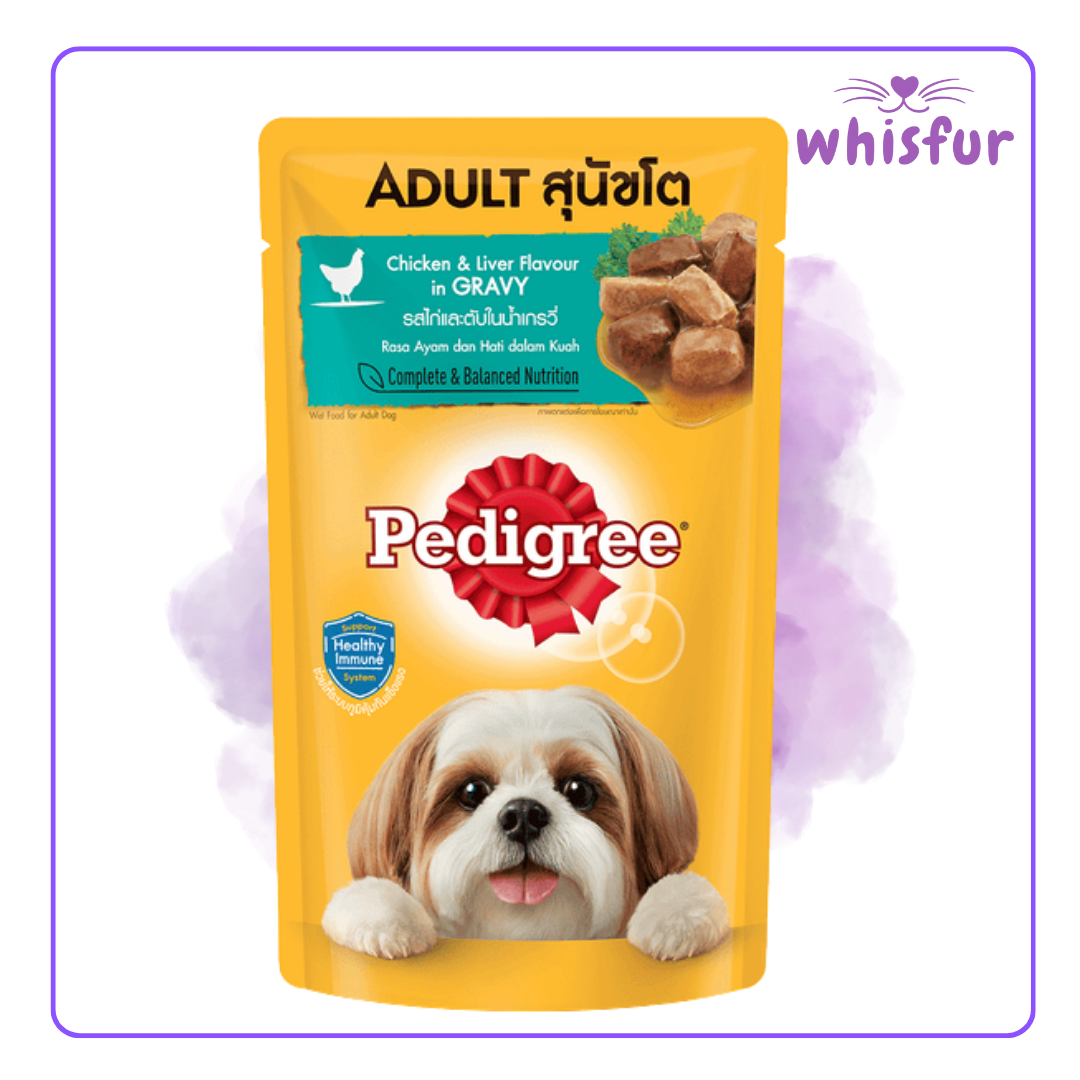 An Image of Pedigree Wet Food for Dogs in pouch (pouch)130g chicken and liver with the logo of Whisfur Pet Supplies at the upper right corner.