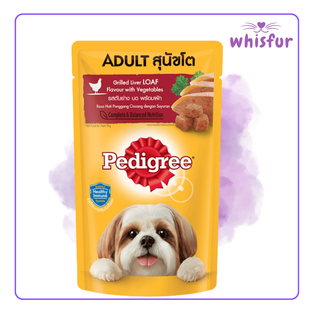 An Image of Pedigree Wet Food for Dogs in pouch (pouch)130g grilled liver loaf with the logo of Whisfur Pet Supplies at the upper right corner.