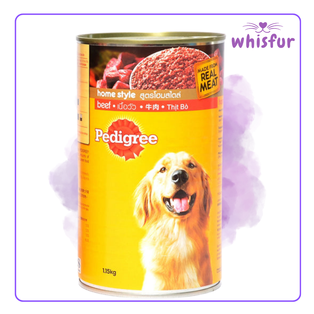 An Image of Pedigree Wet Food for Dogs (can)1150g homestyle beef with the logo of Whisfur Pet Supplies at the upper right corner.