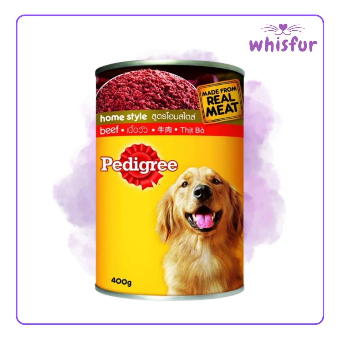 An Image of Pedigree Wet Food for Dogs (can)400g homestyle beef with the logo of Whisfur Pet Supplies at the upper right corner.