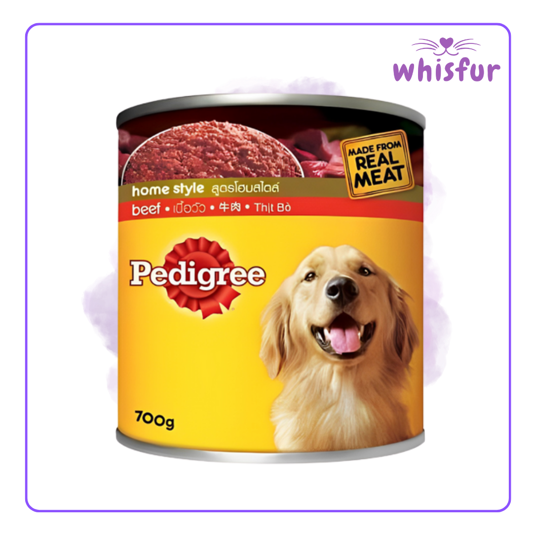 An Image of Pedigree Wet Food for Dogs (can)700g homestyle beef with the logo of Whisfur Pet Supplies at the upper right corner.