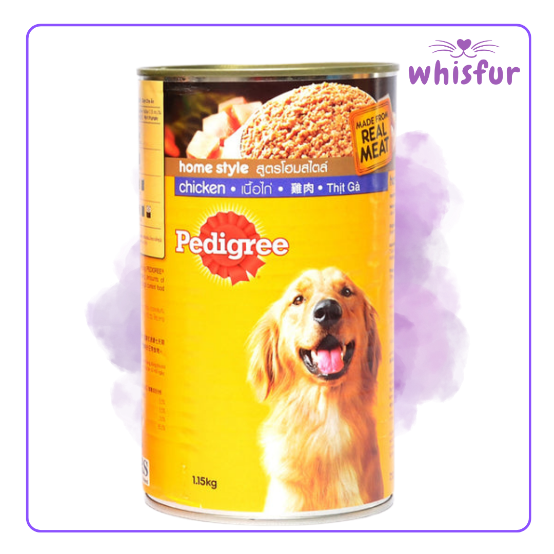 An Image of Pedigree Wet Food for Dogs (can)1150g homestyle chicken with the logo of Whisfur Pet Supplies at the upper right corner.