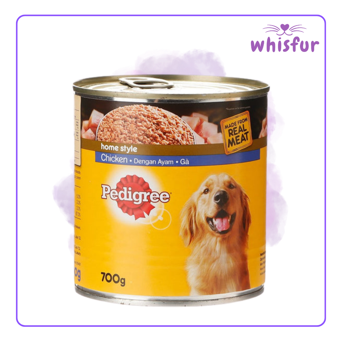 An Image of Pedigree Wet Food for Dogs (can)700g homestyle chicken with the logo of Whisfur Pet Supplies at the upper right corner.