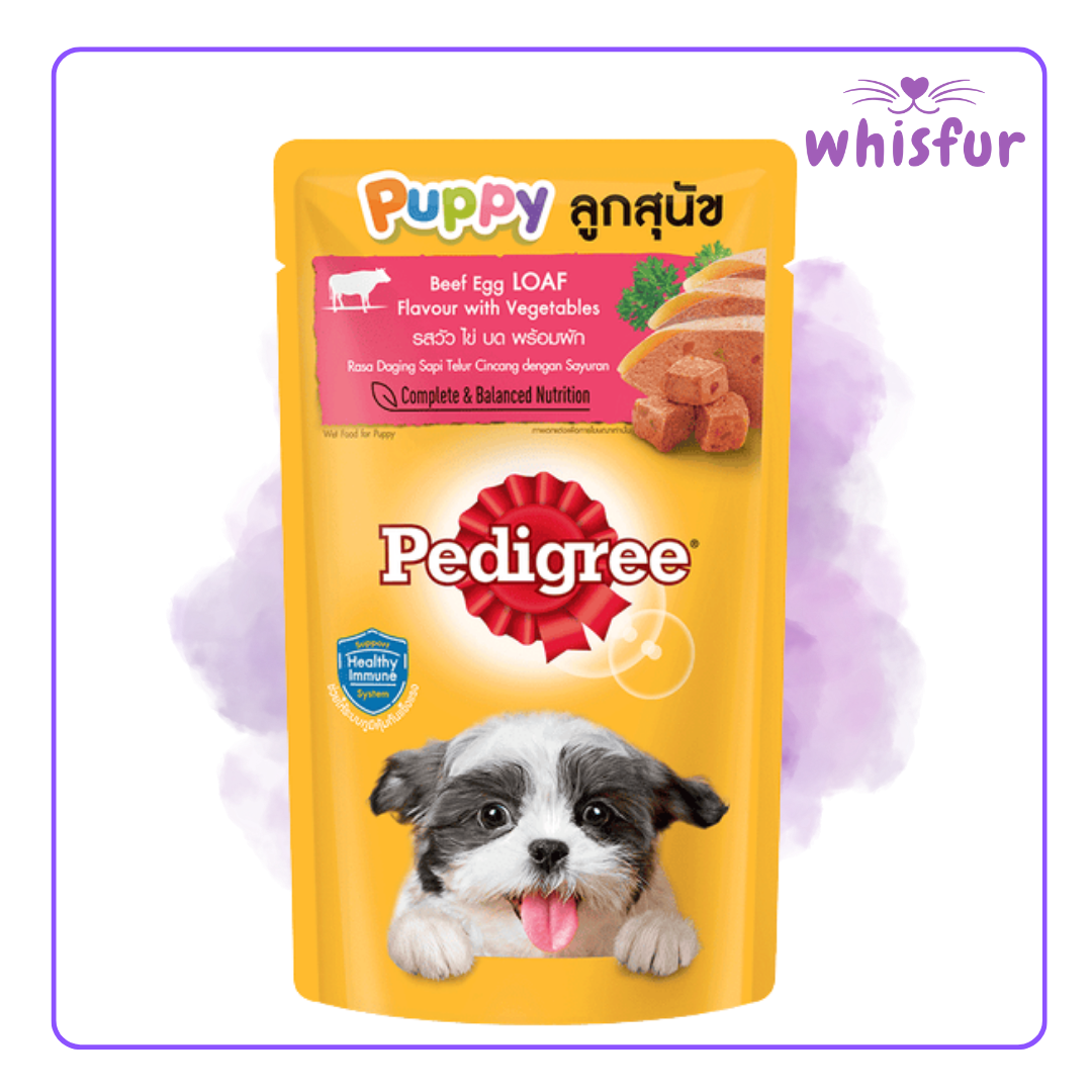 An Image of Pedigree Wet Food for Dogs in pouch (pouch)130g puppy beef egg loaf with the logo of Whisfur Pet Supplies at the upper right corner.